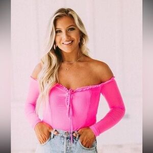 NWT Cloud Ten Hot Pink OTS Ruffle Lace Up Corset Mesh Bodysuit Coquette Girlie M